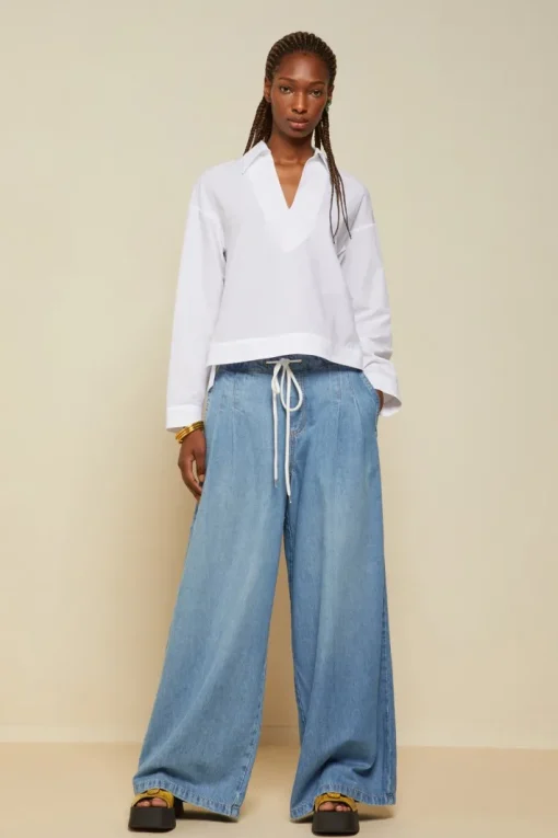 Button Detailed Cotton Poplin Shirt In Bianco