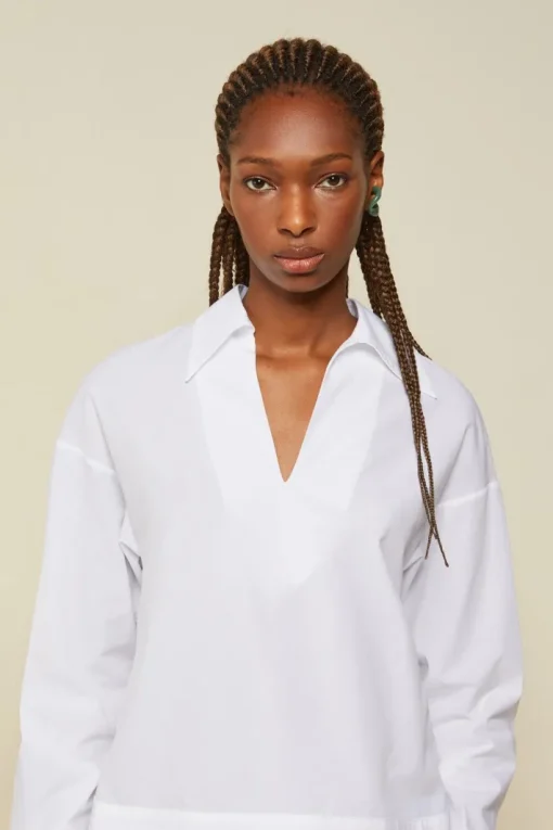 Button Detailed Cotton Poplin Shirt In Bianco