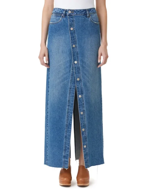 Button Down Maxi Denim Skirt In Baltic
