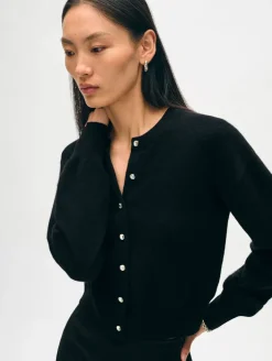 Cashmere Rhinestone Button Sweater Cardigan In Black