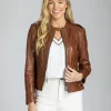 Classic Zip Leather Jacket With Braided Detail In Cognac
