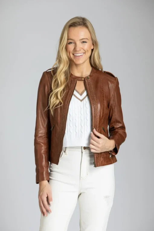 Classic Zip Leather Jacket With Braided Detail In Cognac
