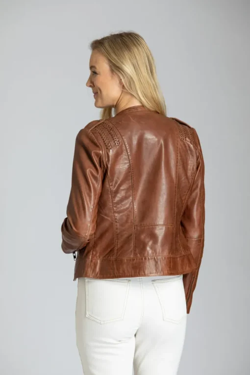 Classic Zip Leather Jacket With Braided Detail In Cognac
