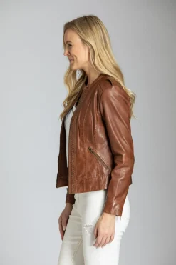Classic Zip Leather Jacket With Braided Detail In Cognac