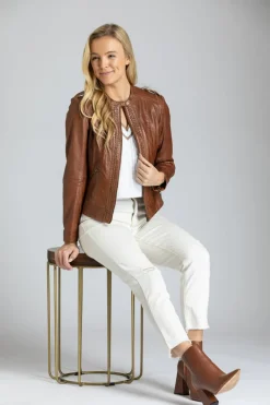 Classic Zip Leather Jacket With Braided Detail In Cognac