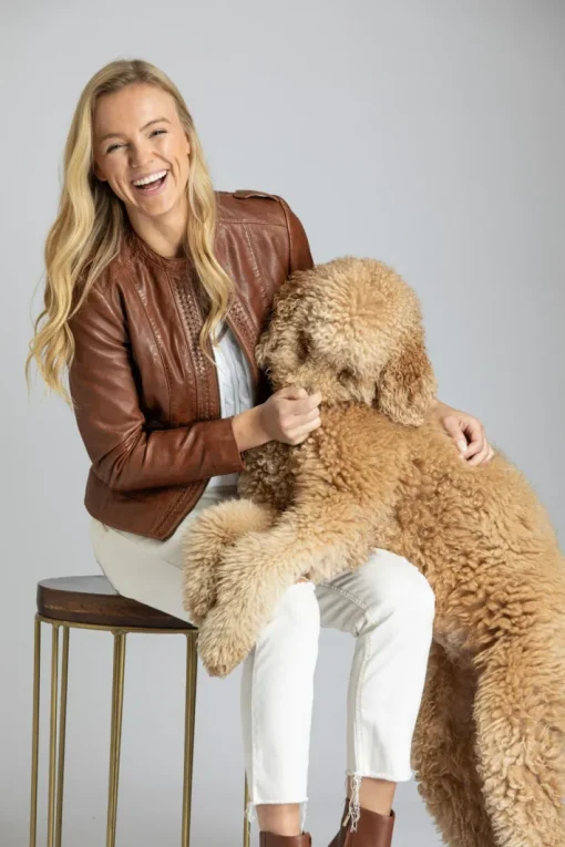 Classic Zip Leather Jacket With Braided Detail In Cognac