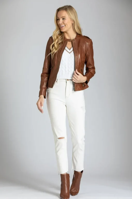 Classic Zip Leather Jacket With Braided Detail In Cognac