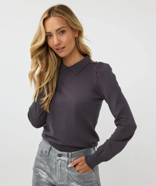 Collared Button Detail Sweater In Grey