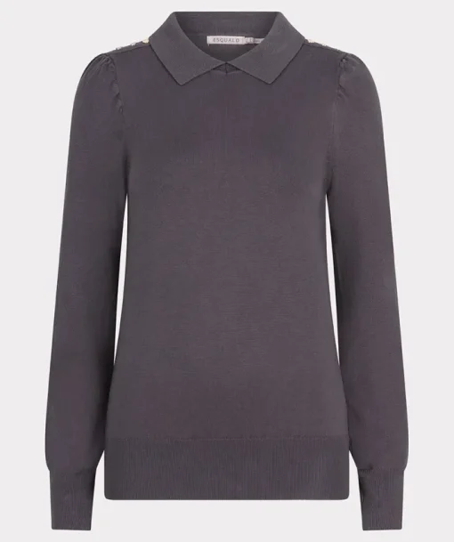 Collared Button Detail Sweater In Grey