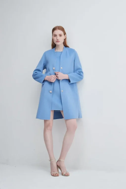 Crystal Button Lady Coat In Blue