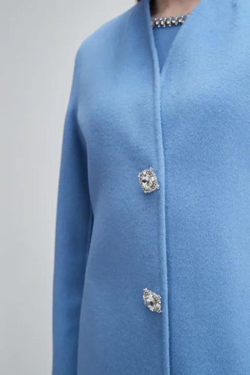 Crystal Button Lady Coat In Blue