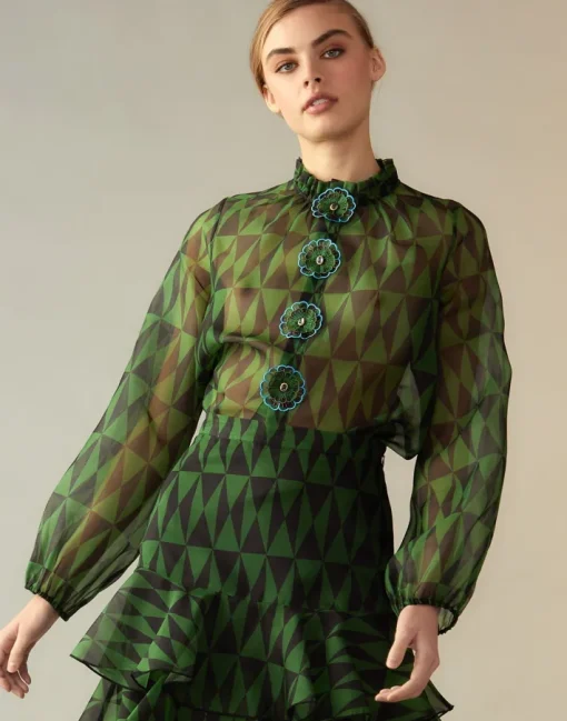 Evergreen Silk Organza Shirt In Black/Green