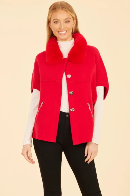 Faux Fur Collar Knit Cardigan In Red