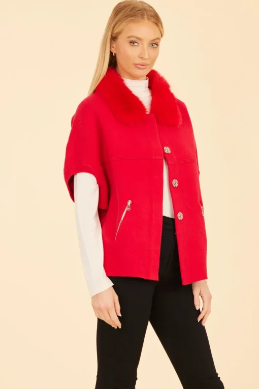 Faux Fur Collar Knit Cardigan In Red