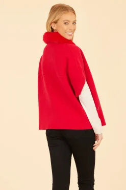 Faux Fur Collar Knit Cardigan In Red