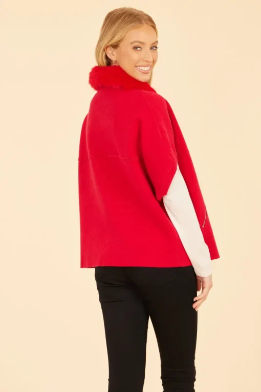 Faux Fur Collar Knit Cardigan In Red