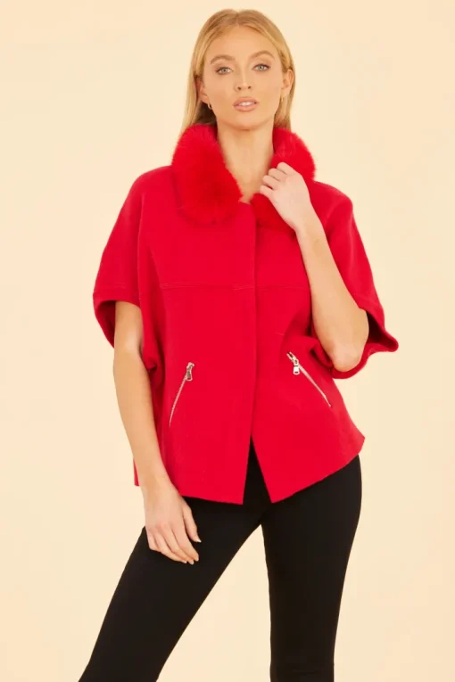 Faux Fur Collar Knit Cardigan In Red