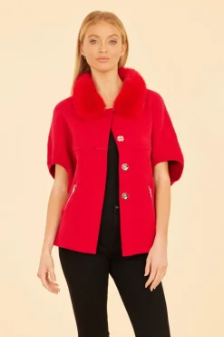 Faux Fur Collar Knit Cardigan In Red