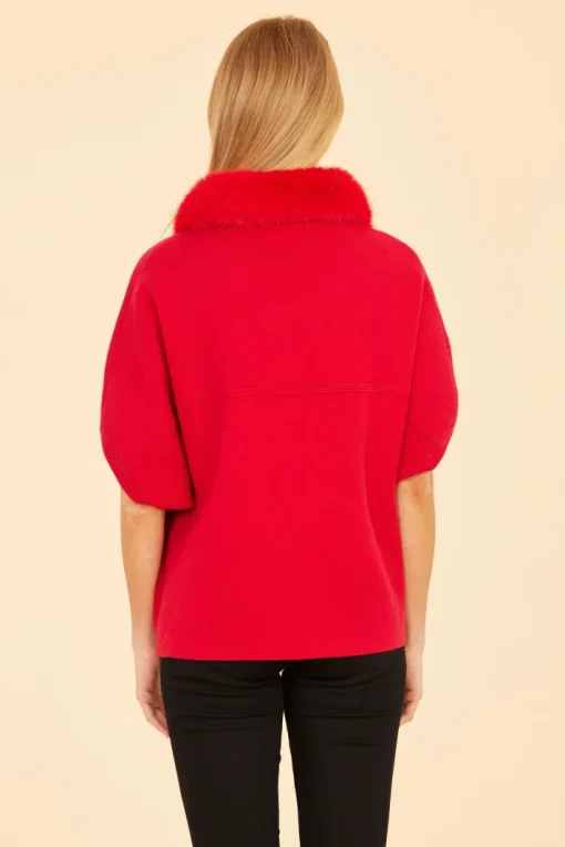 Faux Fur Collar Knit Cardigan In Red