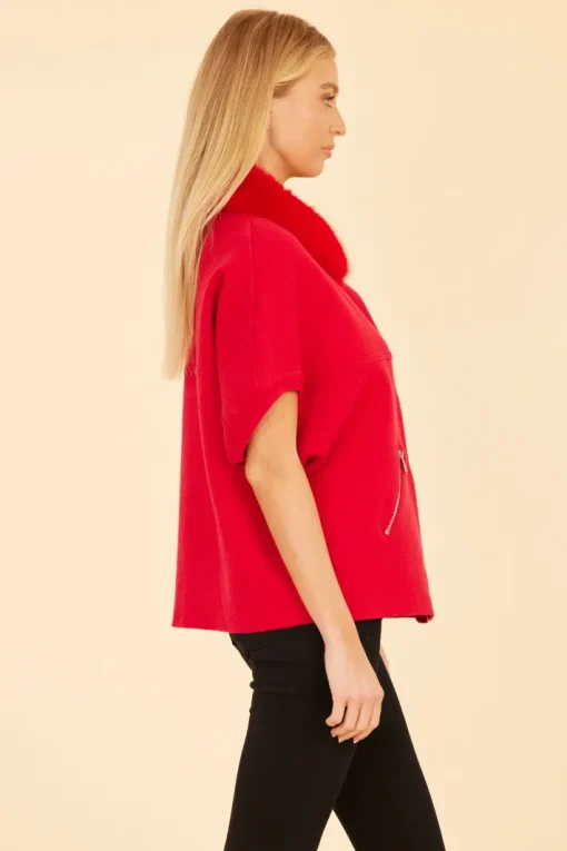 Faux Fur Collar Knit Cardigan In Red