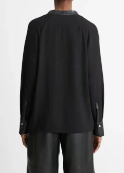 Faux Leather Trim Dolman Sleeve Blouse In Black