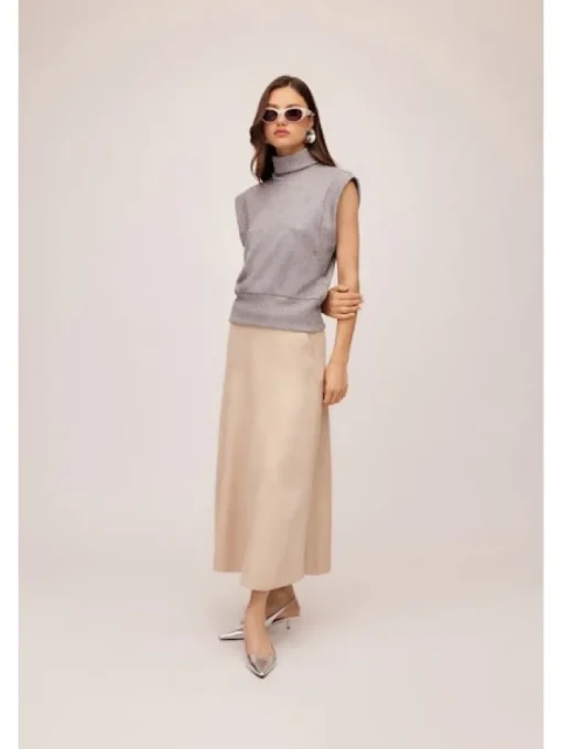 Faux Suede Midi Skirt In Almond