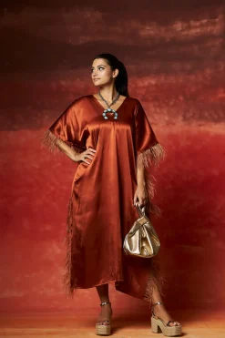 Firenze Feathers Caftan In Rust