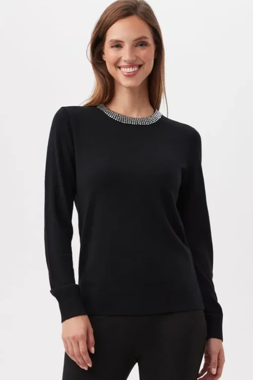 Laelia Rhinestone Trim Sweater In Black