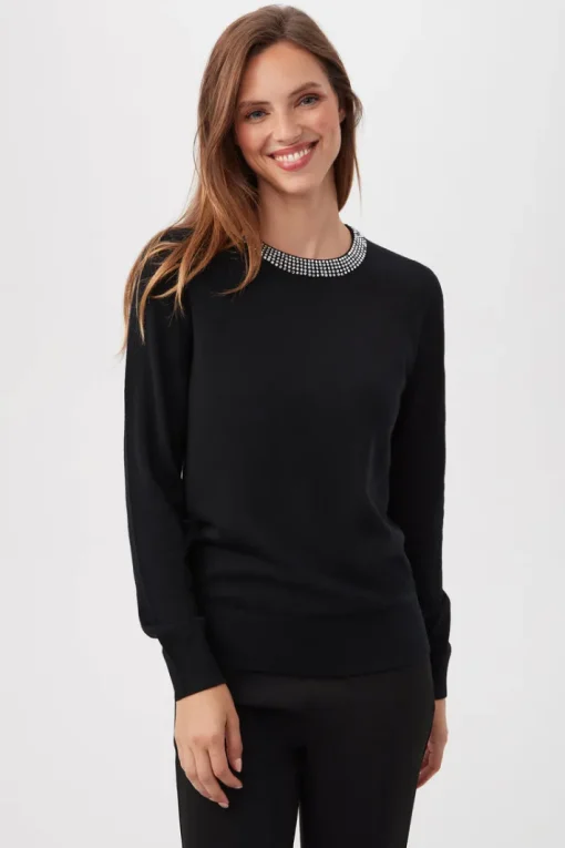 Laelia Rhinestone Trim Sweater In Black