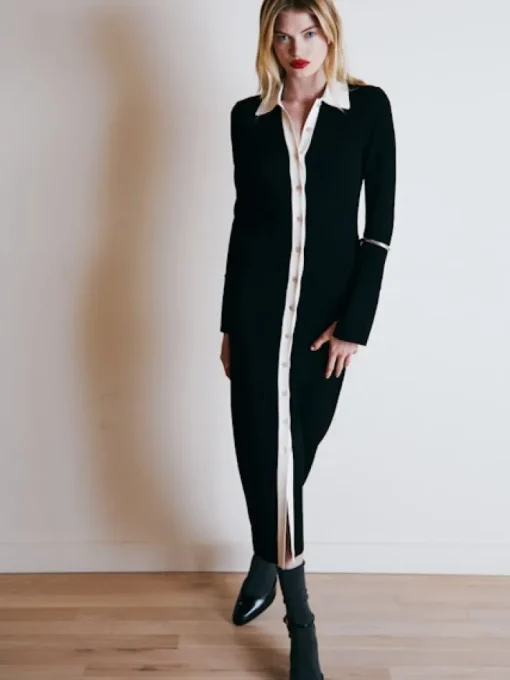 Long Sleeve Polo Dress In Black/Sand Combo