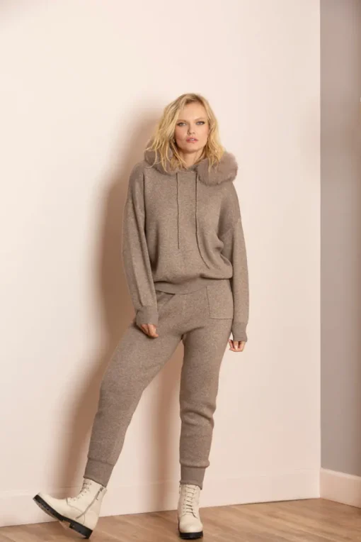 Madilyn Hooded Sweater With Detachable Faux Fur Trim In Brown