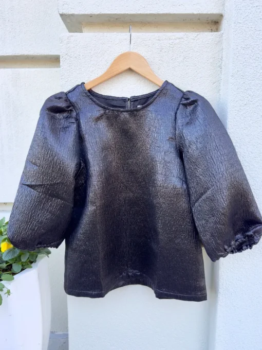 Metallic Puff Sleeve Top In Black