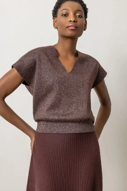 Metallic V-Neck Sweater In Port Sparkle