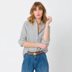 Mia Ruffle Stripe Shirt In Black