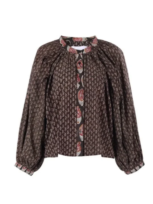 Minka Long Sleeve Blouse In Brown Block Print