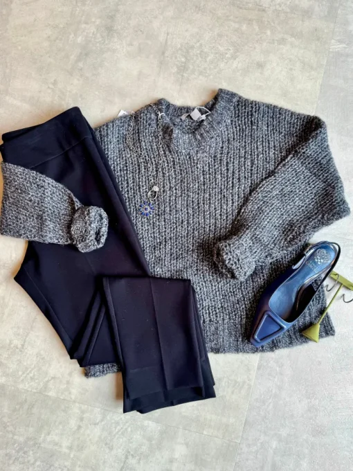 Open Gauge Crew Neck Sweater In Graphite
