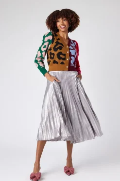 Pleated Tinsel Midi Skirt In Silver