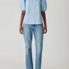 Puff Sleeve Button Down Shirt In French Blue