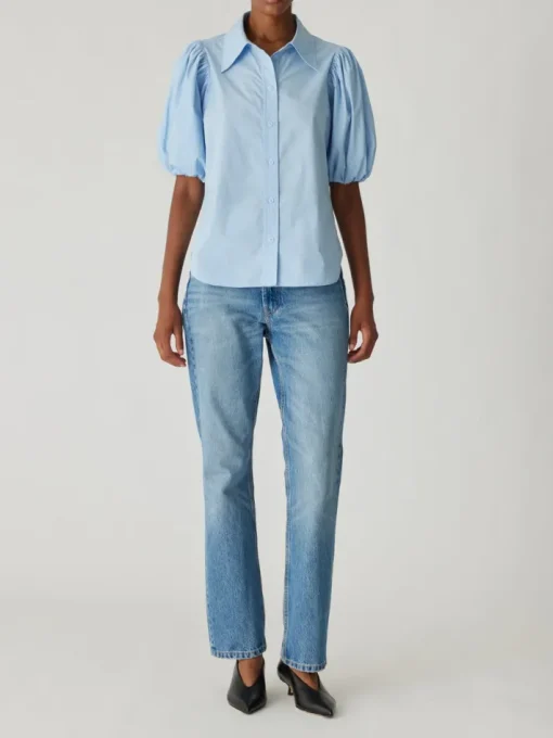 Puff Sleeve Button Down Shirt In French Blue
