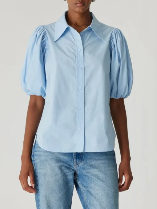 Puff Sleeve Button Down Shirt In French Blue