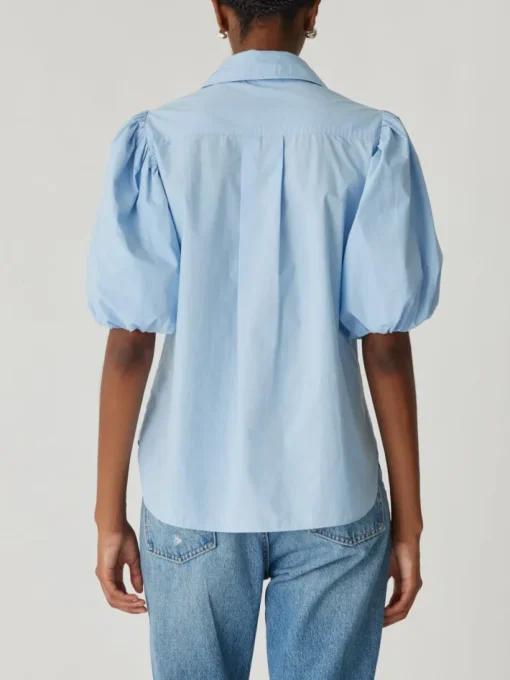 Puff Sleeve Button Down Shirt In French Blue