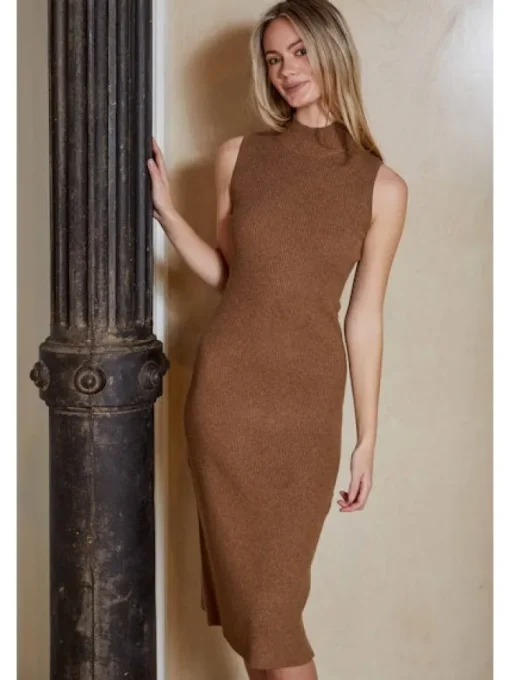 Ribbed Knit Mock Neck Midi Dress In Tan