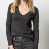 Rolled Edge V-Neck Tee In Black