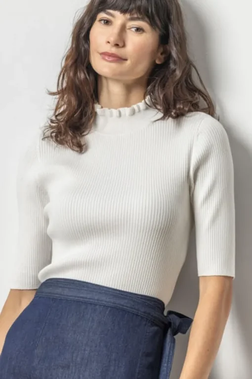 Ruffle Mock Neck Sweater In White