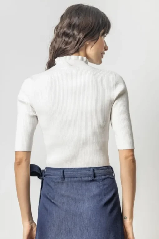 Ruffle Mock Neck Sweater In White