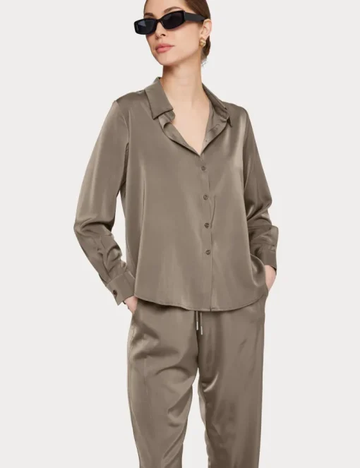 Satin Button Down Blouse In Olive