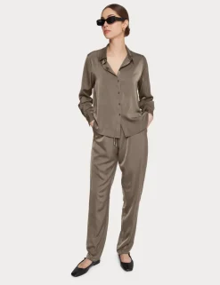 Satin Button Down Blouse In Olive