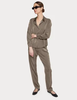 Satin Button Down Blouse In Olive