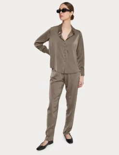 Satin Button Down Blouse In Olive