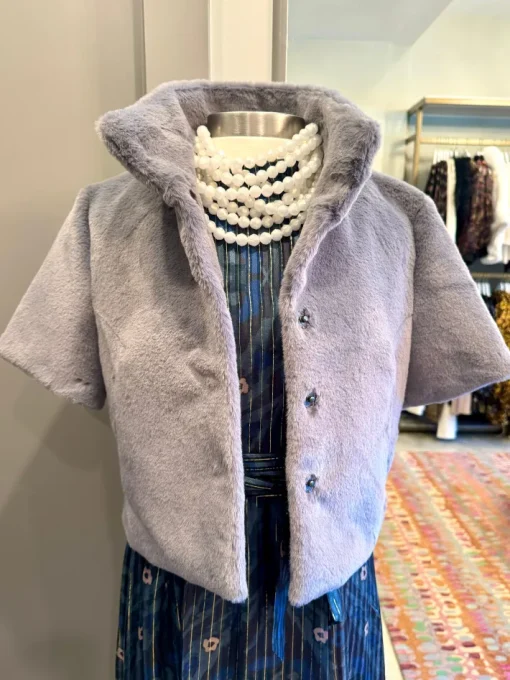 Standing Collar Faux Fur Bolero Jacket In Grey